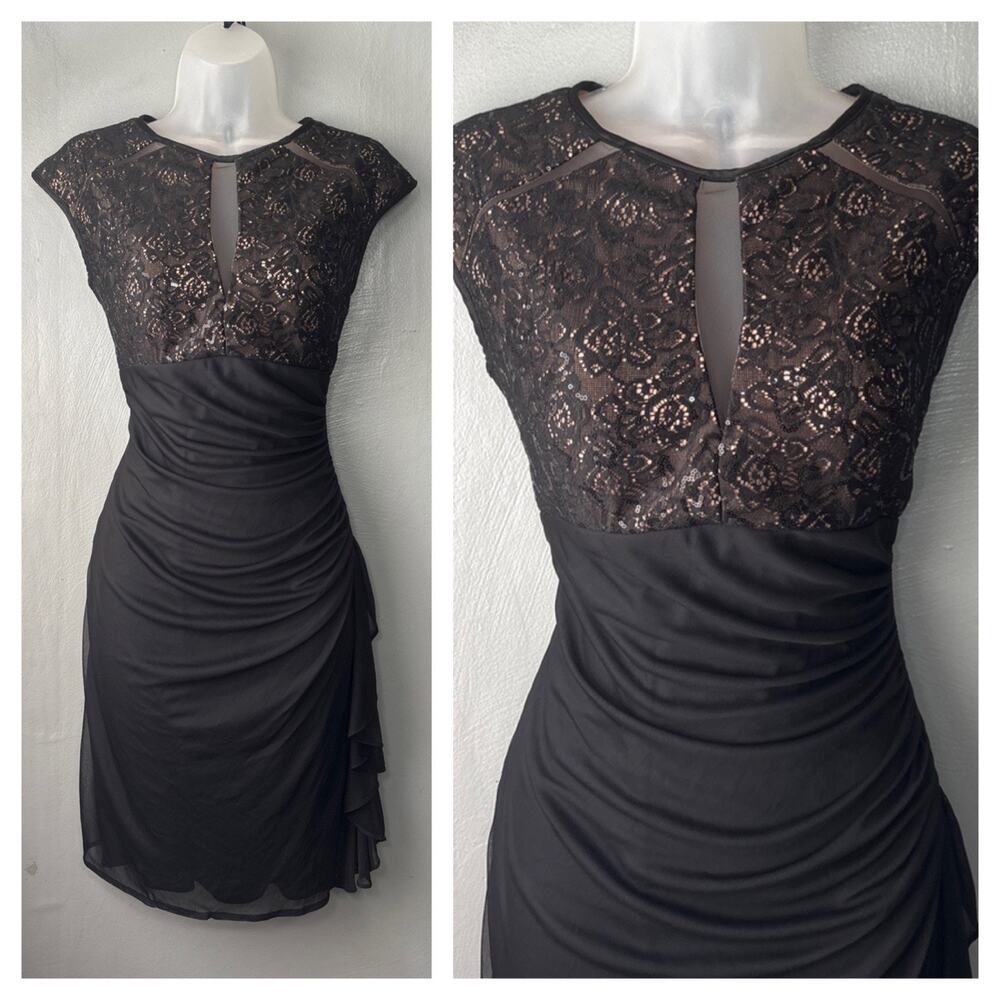 Betsy & Adam Dress Size 8 Black Whimsigoth Sequin Ruched Ruffle Fairy Cocktail